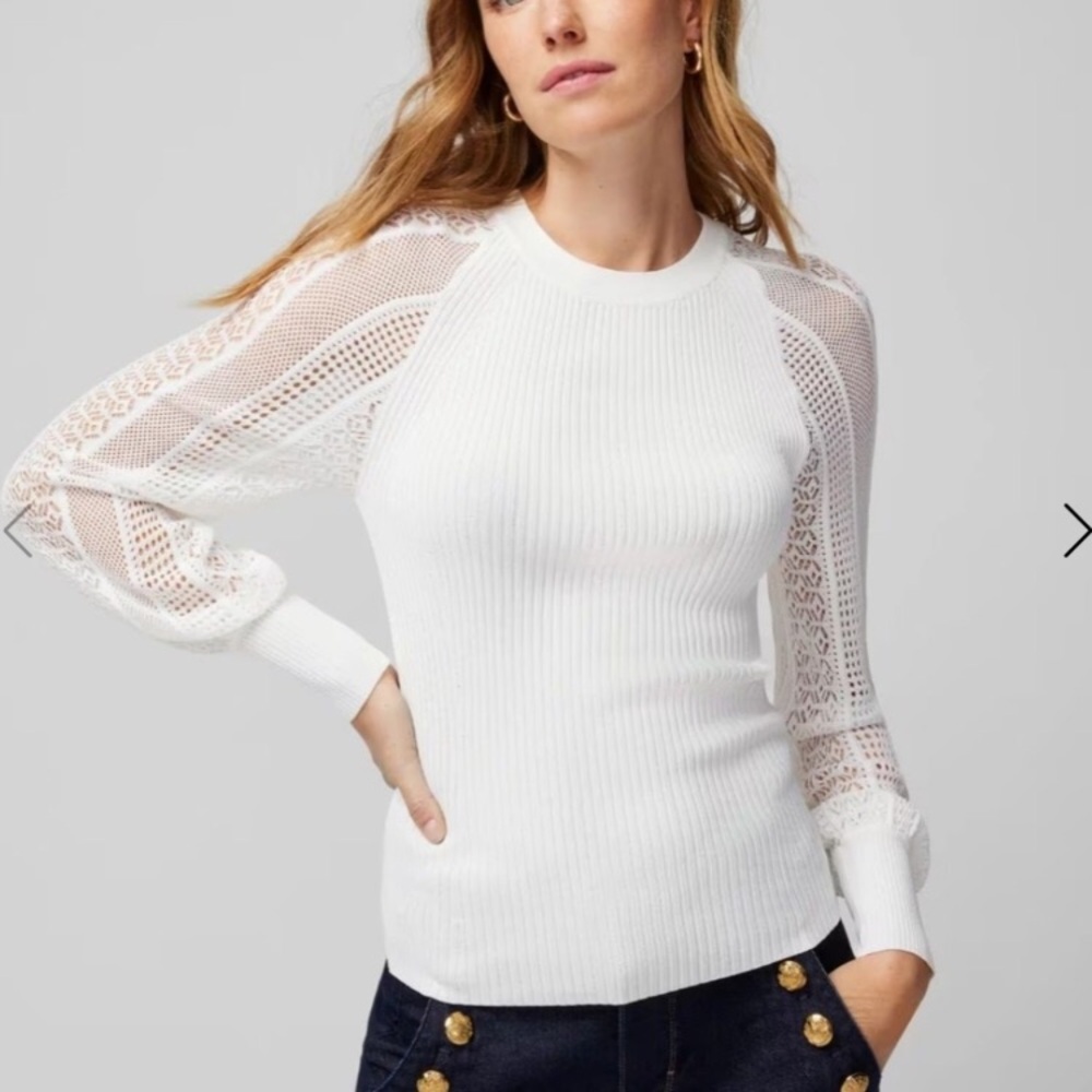 WHBM | Novelty Stitch Blouson Ribbed Pullover Sweater Ecru